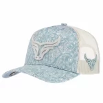 Front angle of custom western paisley 5-panel trucker cap with 3D embroidery