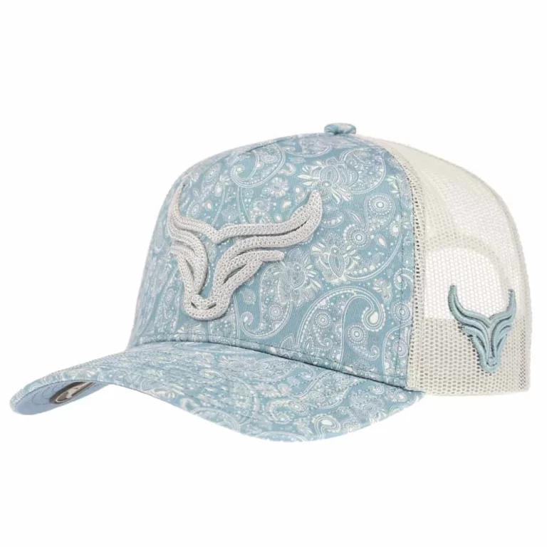 Front angle of custom western paisley 5-panel trucker cap with 3D embroidery