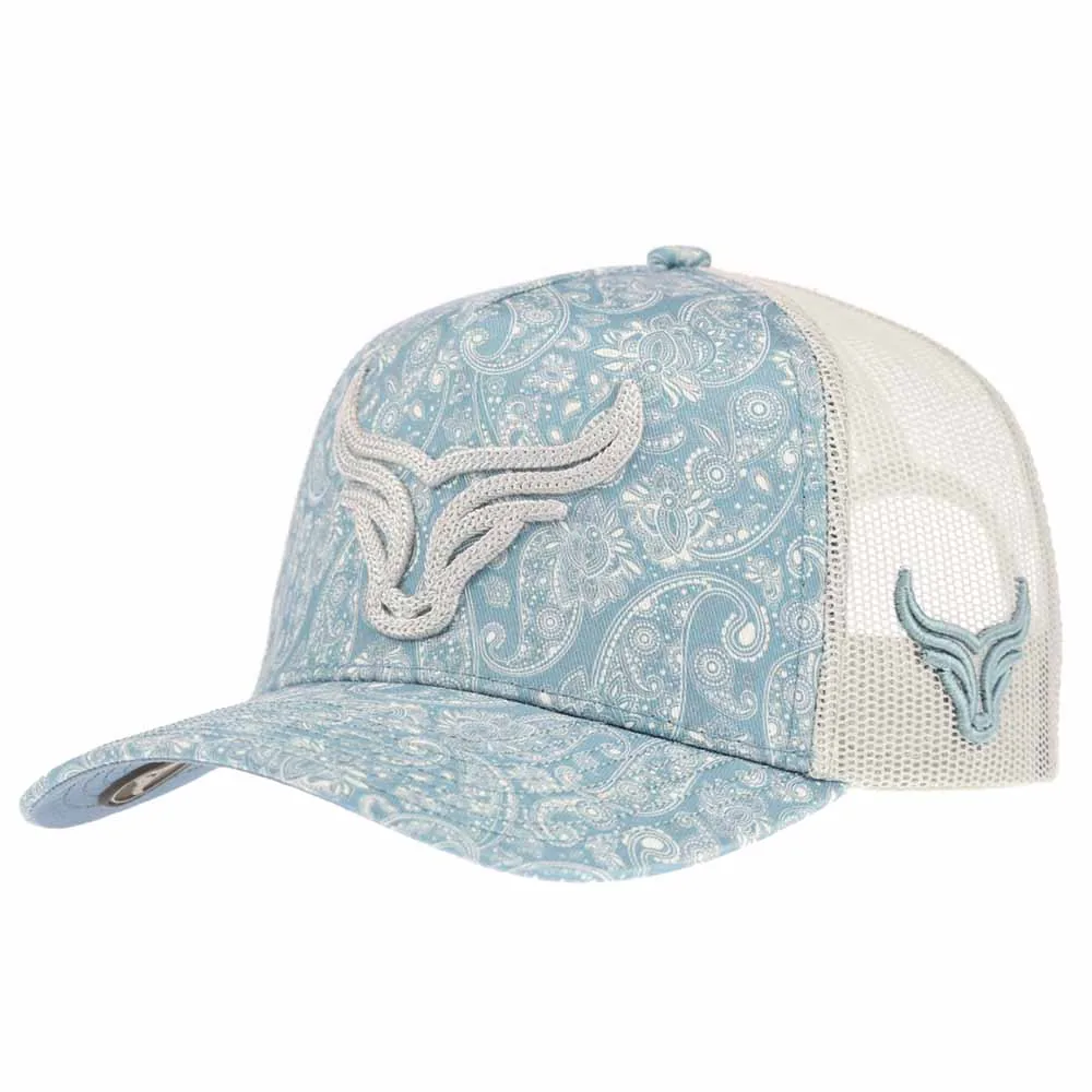 Front angle of custom western paisley 5-panel trucker cap with 3D embroidery