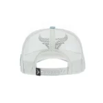 Rear view of ivory mesh paisley trucker cap with adjustable snapback