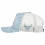Side view of paisley trucker cap with mesh back and raised bull embroidery