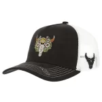 Custom P525 western trucker cap with rhinestone bull-skull embroidery, front angle