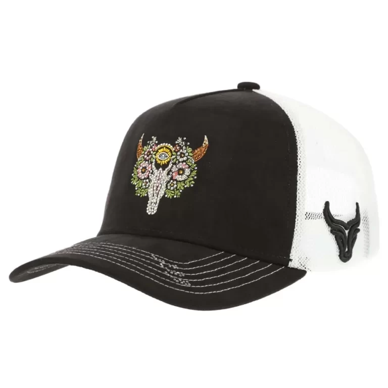 Custom P525 western trucker cap with rhinestone bull-skull embroidery, front angle