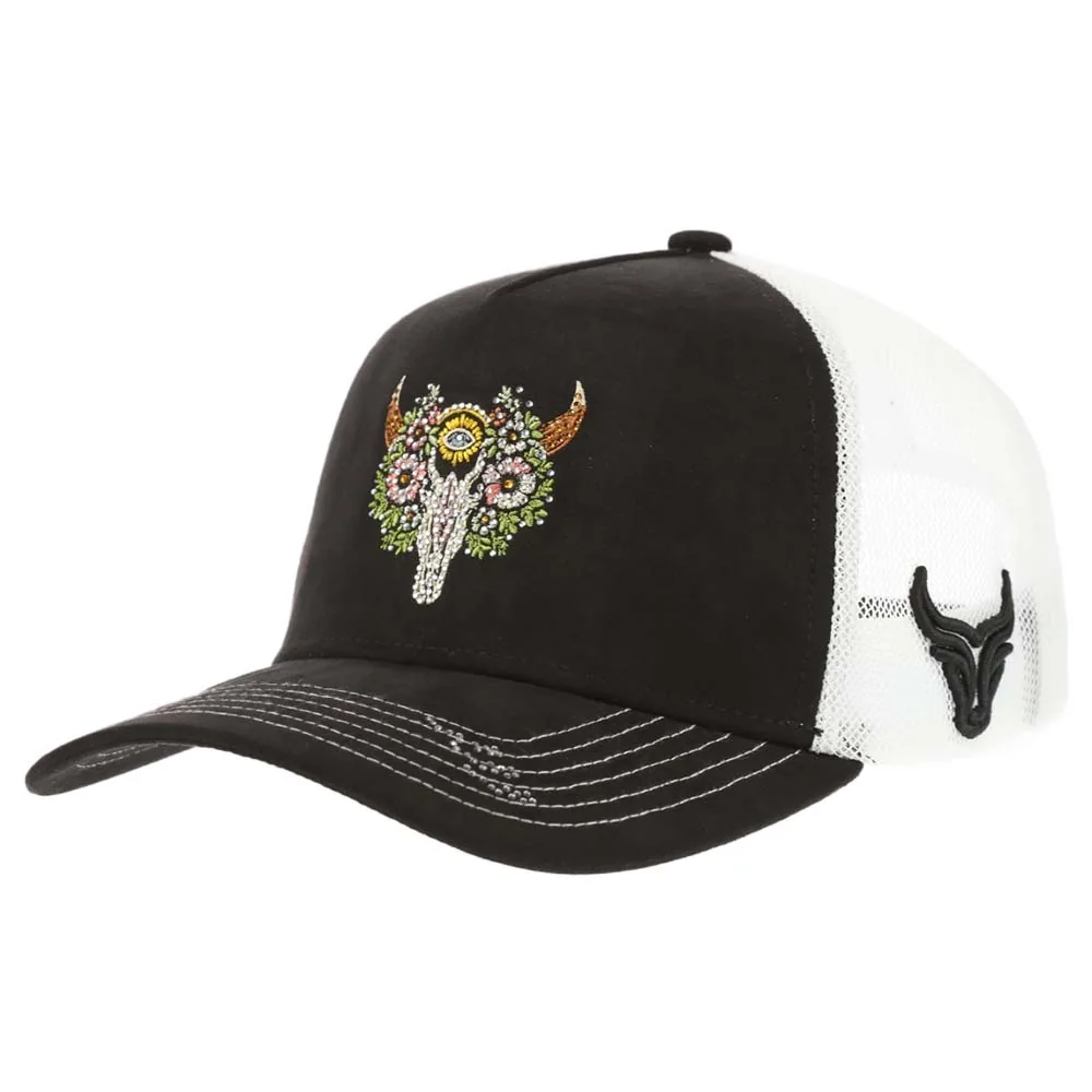 Custom P525 western trucker cap with rhinestone bull-skull embroidery, front angle
