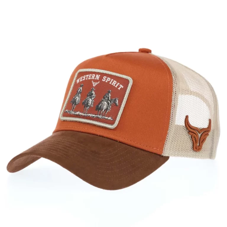 Custom western faux-suede visor trucker cap with woven patch, front angle