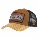 Custom western straw visor trucker cap with embroidered patch, front angle