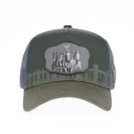 Olive P525 trucker cap with silicone patch and ranch screen print, front view