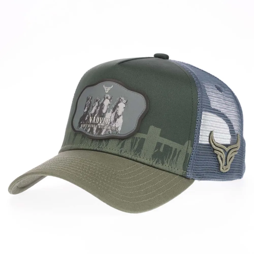 Custom western P525 trucker cap with silicone horse patch, front angle