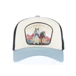 Ivory and light-blue P525 trucker cap with printed horse patch, front view