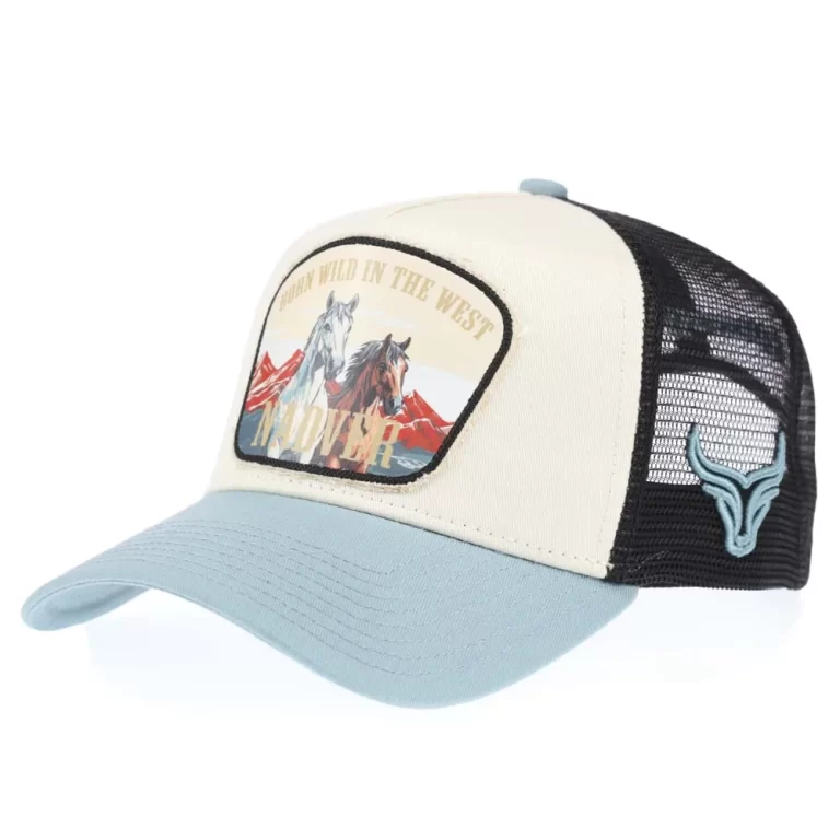 Custom western trucker cap with printed horse patch, front angle