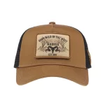 Front view of custom western 5-panel trucker cap with bordered woven patch and curved visor
