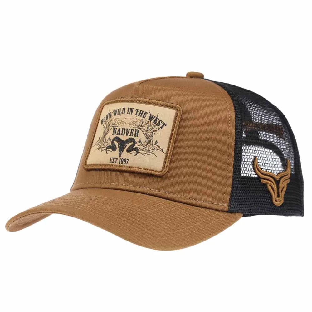 Front angle of custom khaki brown and black western 5-panel trucker cap with woven patch