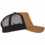 Opposite side of khaki brown and black 5-panel trucker cap with curved visor