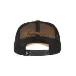 Rear view of western mesh-back trucker cap with flat embroidery and adjustable snapback