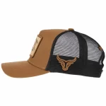 Side detail of black mesh trucker cap with bull-head flat and 3D embroidery