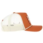 Deep-rust and khaki rope trucker cap, opposite-side view