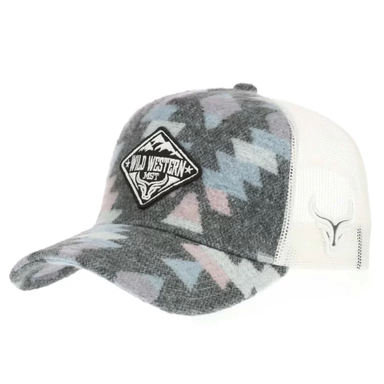 Custom western jacquard 5-panel trucker cap with embroidered patch, front angle