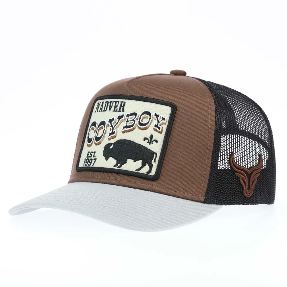 Front angle of custom western P565 5-panel trucker cap with felt patch