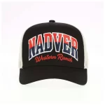 Front view of structured 5-panel trucker hat with flat and 3D embroidery