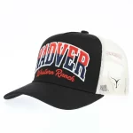 Custom black and ivory 5-panel trucker hat with 3D western embroidery