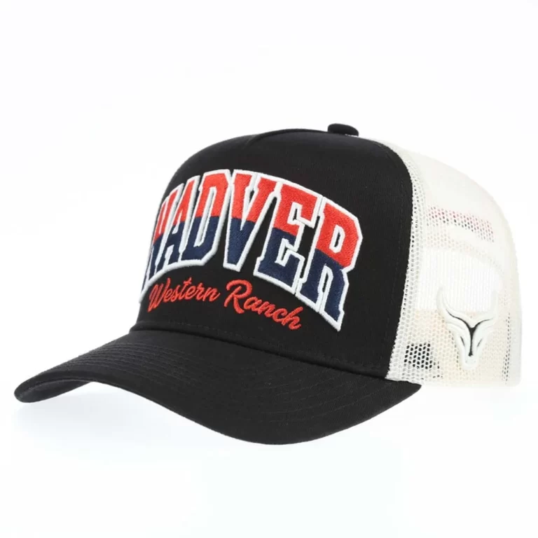 Custom black and ivory 5-panel trucker hat with 3D western embroidery