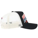 Opposite side of black and ivory mesh-back trucker cap with curved visor