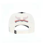 Rear view of embroidered mesh trucker hat with adjustable snapback closure
