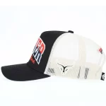 Side view of ivory mesh trucker hat with dimensional bull embroidery
