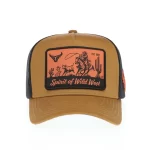 Khaki trucker cap with raised-border woven patch, front view