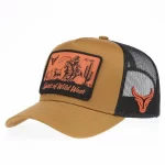 Custom western 5-panel trucker cap with woven patch, front angle