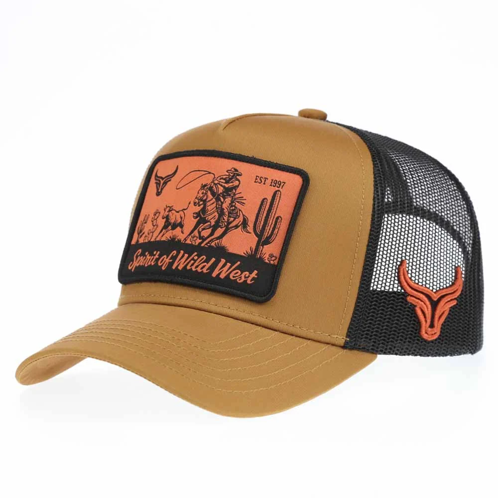 Custom western 5-panel trucker cap with woven patch, front angle