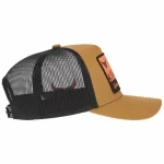 Khaki and black mesh trucker cap, opposite-side view