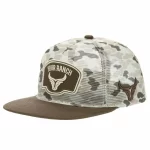 Front angle of custom P915 camo mesh trucker cap with embroidered patch