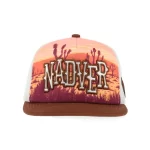 Front view of custom western printed 5-panel trucker hat with 3D embroidery