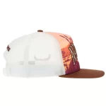 Opposite side of printed 5-panel trucker hat with flat brown visor