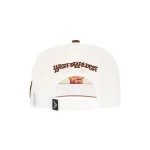 Rear view of white mesh snapback hat with brown flat embroidery