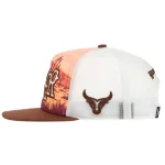 Side view of white mesh trucker hat with raised bull embroidery