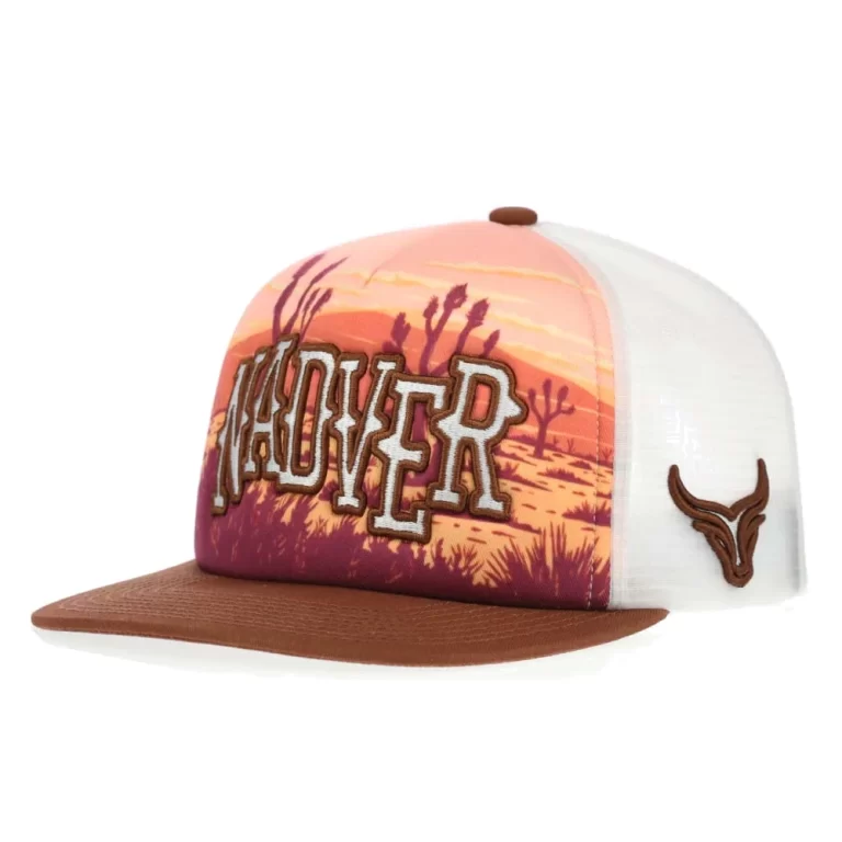 Front angle of sunset print flat bill trucker hat with raised embroidery on a white background