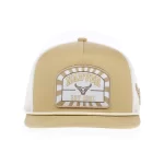 Front view of custom western 5-panel rope trucker cap with embroidered patch