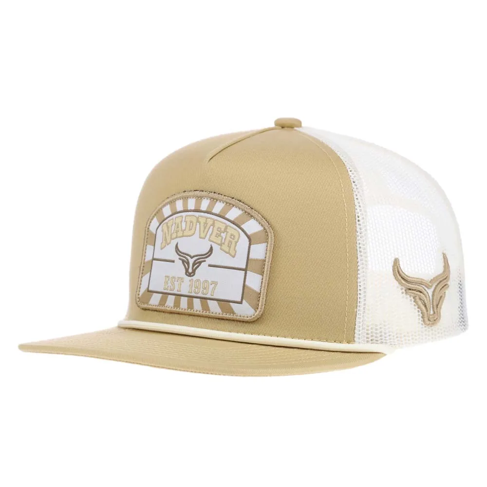 Front angle of custom western 5-panel rope trucker cap with embroidered patch