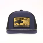 Front view of navy canvas rope trucker hat with printed patch