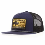 Front angle of western 5-panel rope trucker hat with printed patch