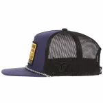 Side view of black mesh trucker hat with raised bull embroidery