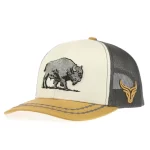Front angle of custom western 6-panel bison trucker cap with embroidery