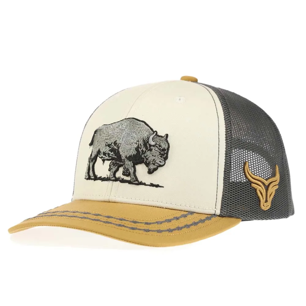 Front angle of custom western 6-panel bison trucker cap with embroidery