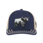 Front view of custom navy 6-panel bison trucker cap with detailed 3D embroidery
