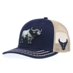 Front angle of custom navy and khaki 6-panel bison trucker cap with 3D embroidery