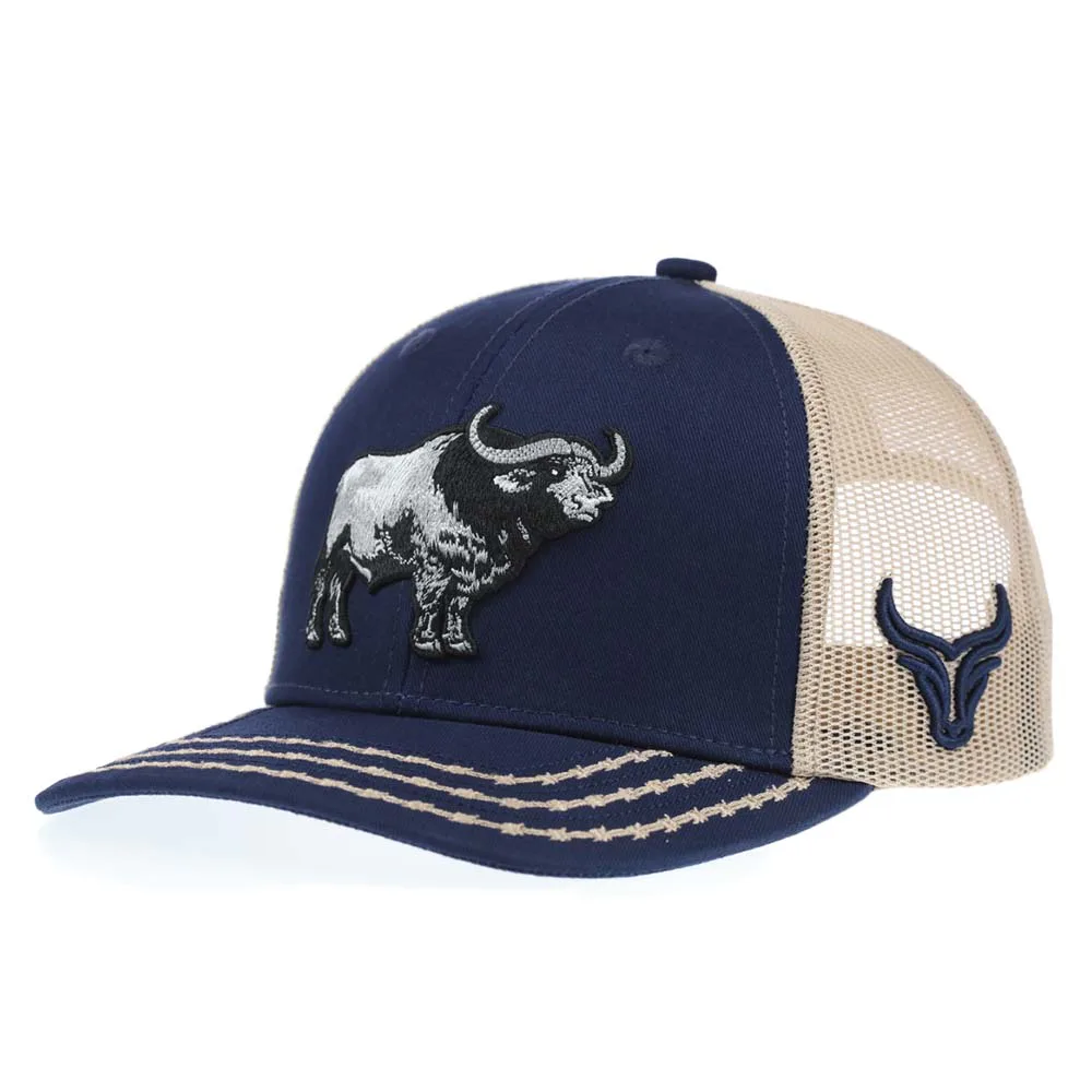 Front angle of custom navy and khaki 6-panel bison trucker cap with 3D embroidery