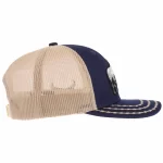 Opposite side of navy and khaki 6-panel trucker cap with decorative visor stitching