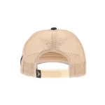 Rear view of navy and khaki mesh-back trucker cap with adjustable snapback